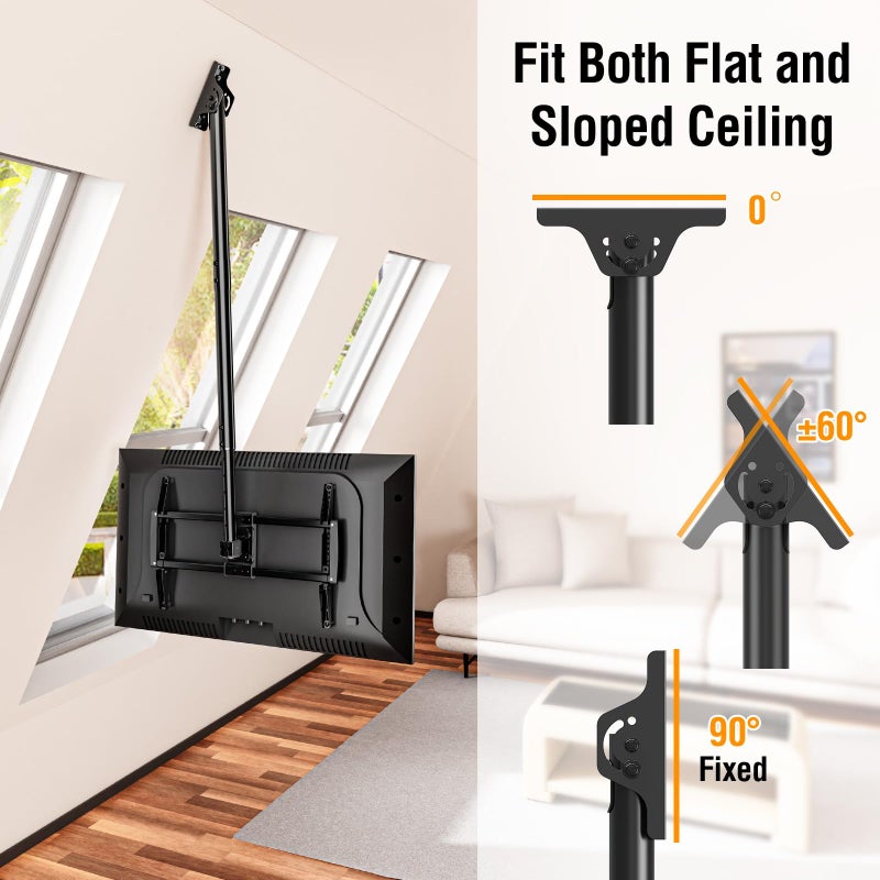ELIVED Ceiling TV Mount for Most 37-75 Inch TVs, Height Adjustable Full Motion Ceiling Mount for Flat Pitched Roof, Hanging TV Bracket Swivel and Tilt, Holds up to 110 lbs, Max VESA 600x400mm YD3016 - Image 3