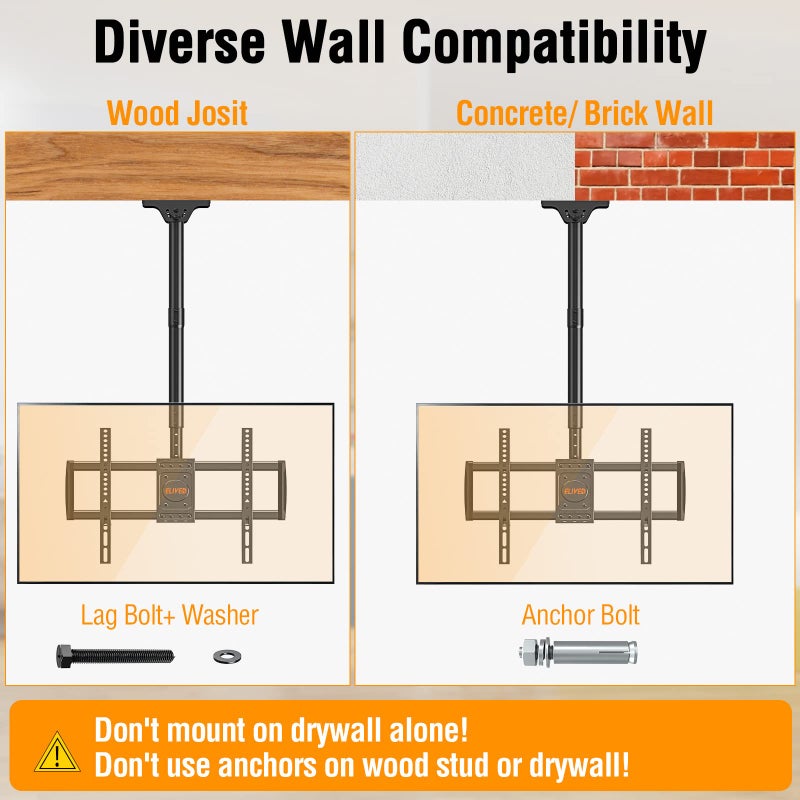 ELIVED Ceiling TV Mount for Most 37-75 Inch TVs, Height Adjustable Full Motion Ceiling Mount for Flat Pitched Roof, Hanging TV Bracket Swivel and Tilt, Holds up to 110 lbs, Max VESA 600x400mm YD3016 - Image 5