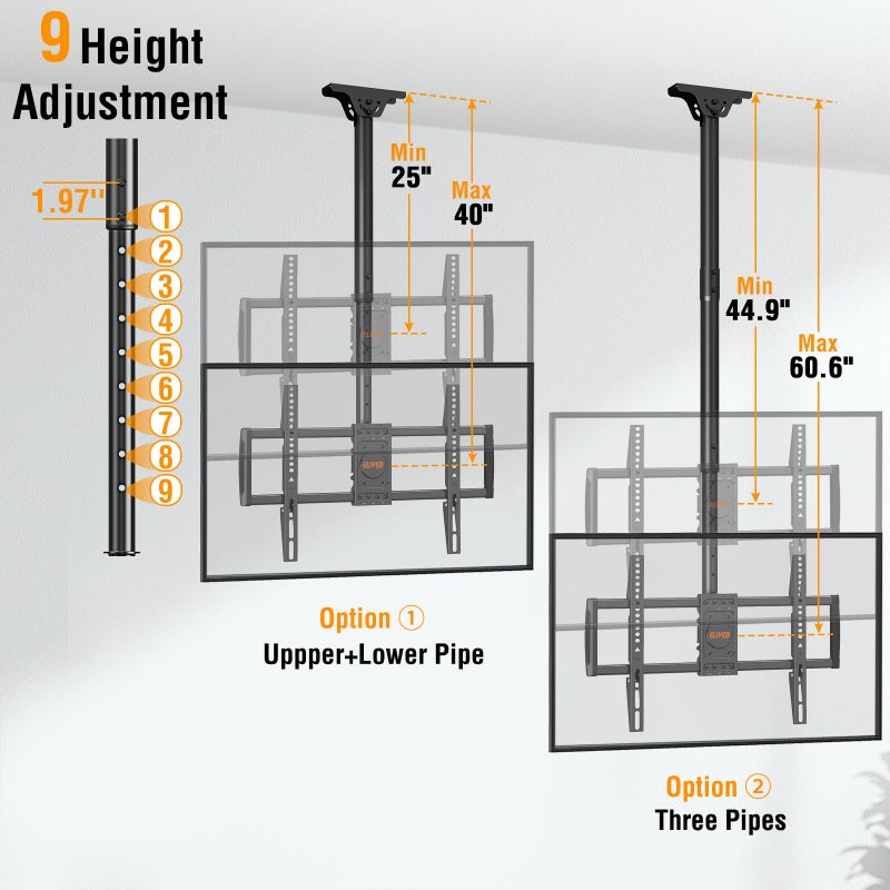 ELIVED Ceiling TV Mount for Most 37-75 Inch TVs, Height Adjustable Full Motion Ceiling Mount for Flat Pitched Roof, Hanging TV Bracket Swivel and Tilt, Holds up to 110 lbs, Max VESA 600x400mm YD3016 - Image 2