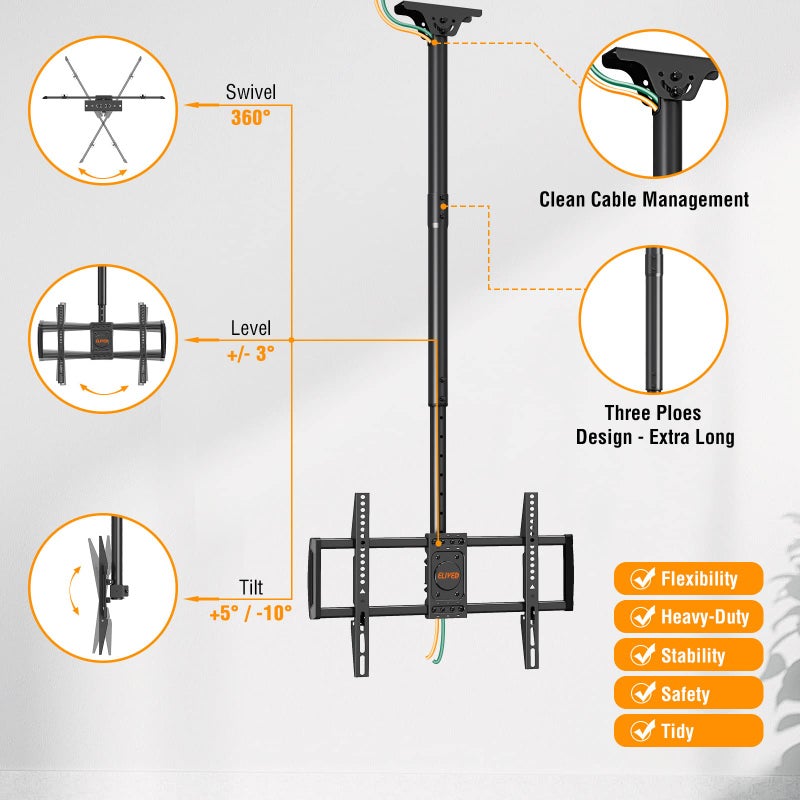 ELIVED Ceiling TV Mount for Most 37-75 Inch TVs, Height Adjustable Full Motion Ceiling Mount for Flat Pitched Roof, Hanging TV Bracket Swivel and Tilt, Holds up to 110 lbs, Max VESA 600x400mm YD3016 - Image 4