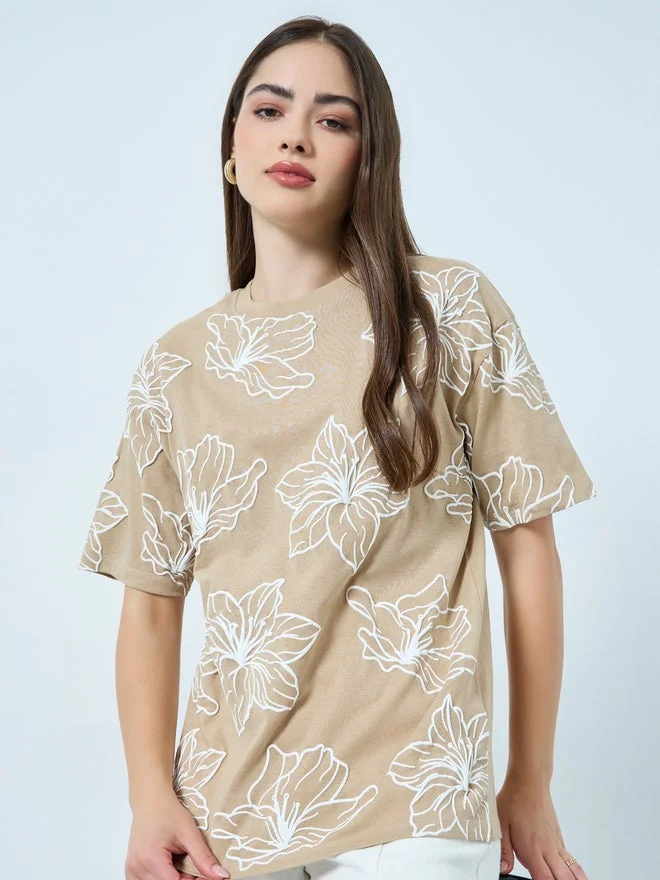 ستايلي Styli Brown Flower Puff Print Oversized T-Shirt