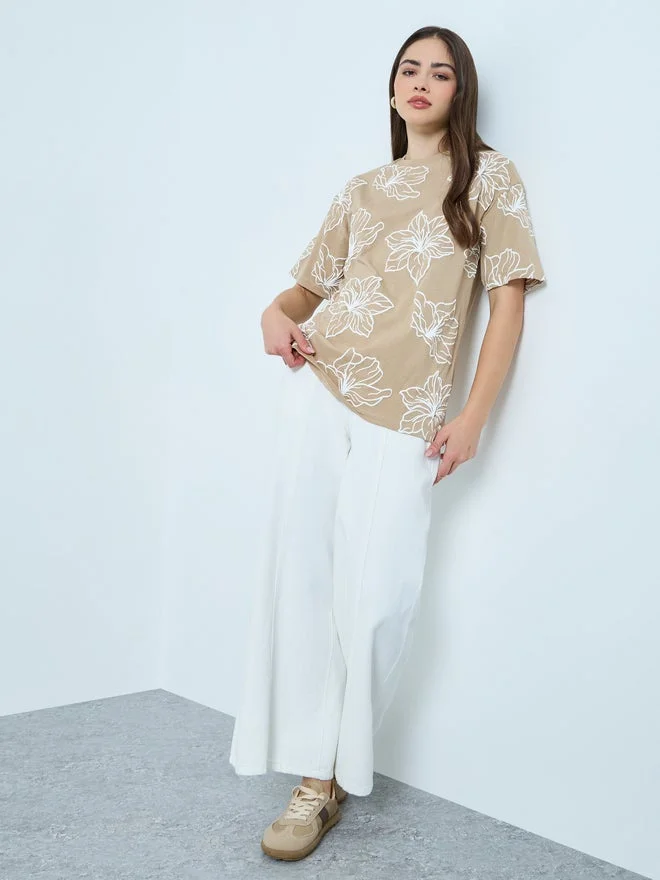 ستايلي Styli Brown Flower Puff Print Oversized T-Shirt