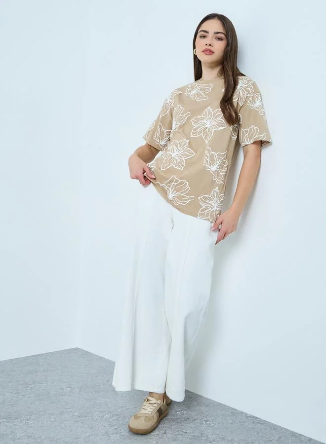 Styli Styli Brown Flower Puff Print Oversized T-Shirt
