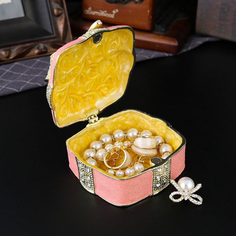 Rhinestone Studded Bowknot Jewelry Box Sturdy Metal Display Case Color B - Image 3