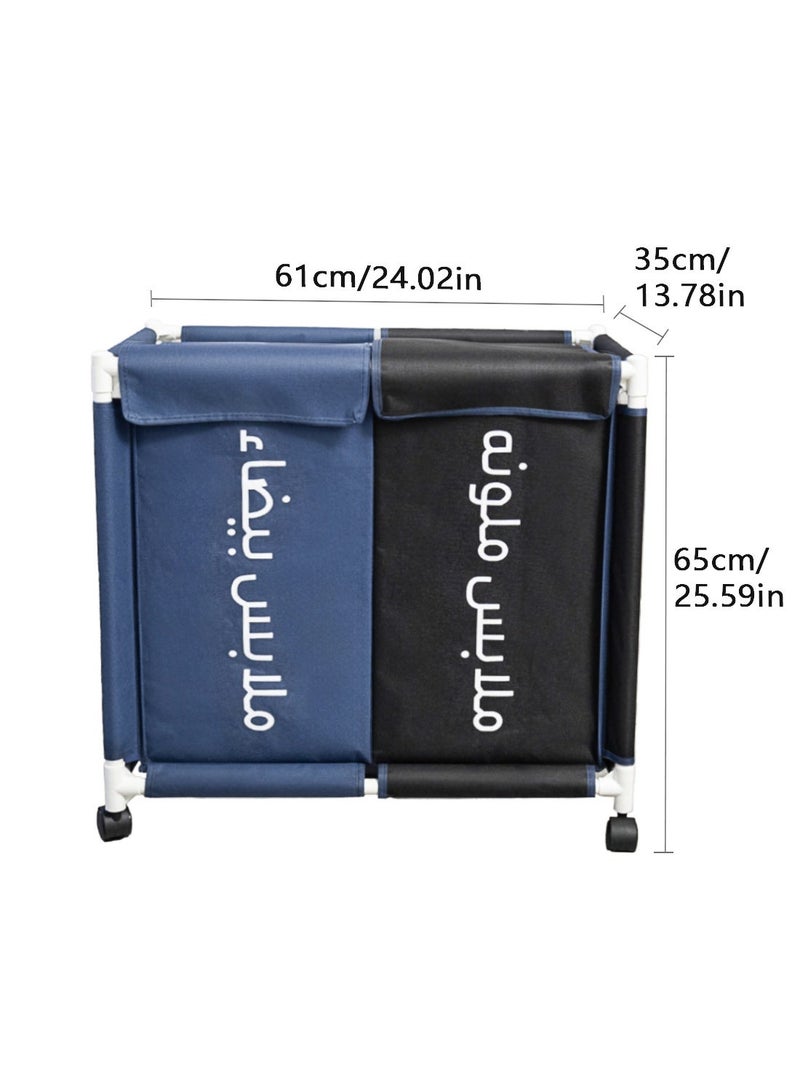 2-Section Laundry Basket with Wheels Blue&Black 61*35*65 cm - Image 4