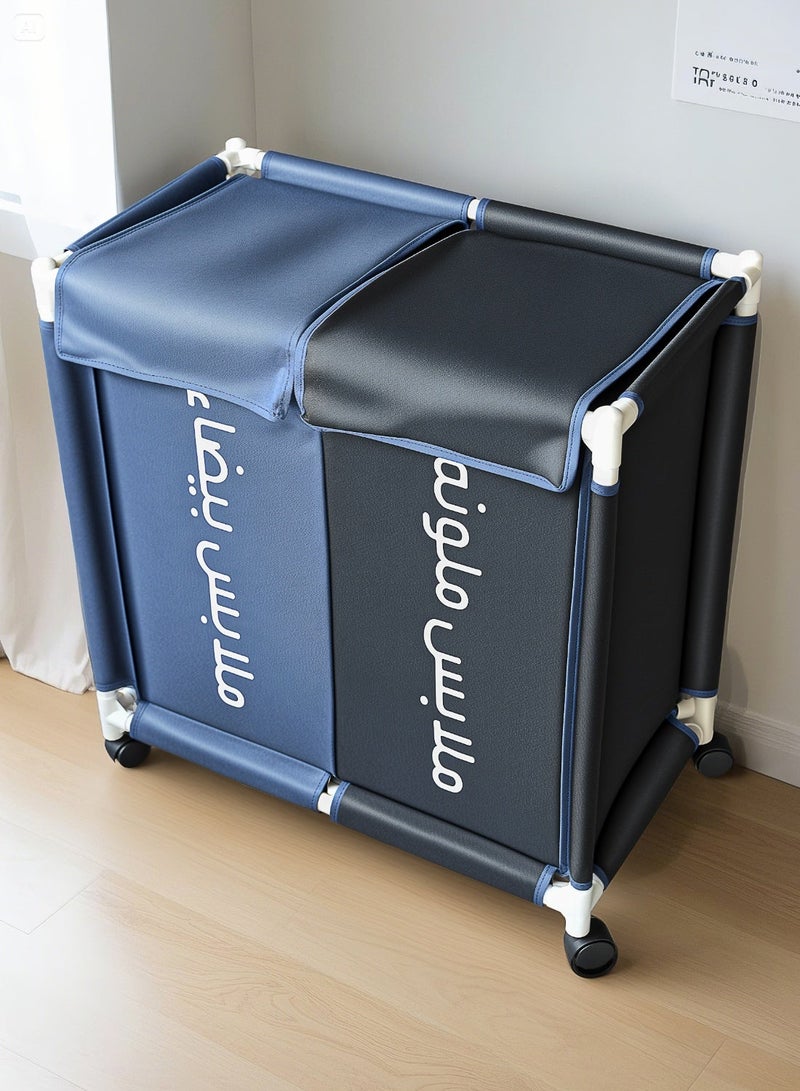 2-Section Laundry Basket with Wheels Blue&Black 61*35*65 cm - Image 2