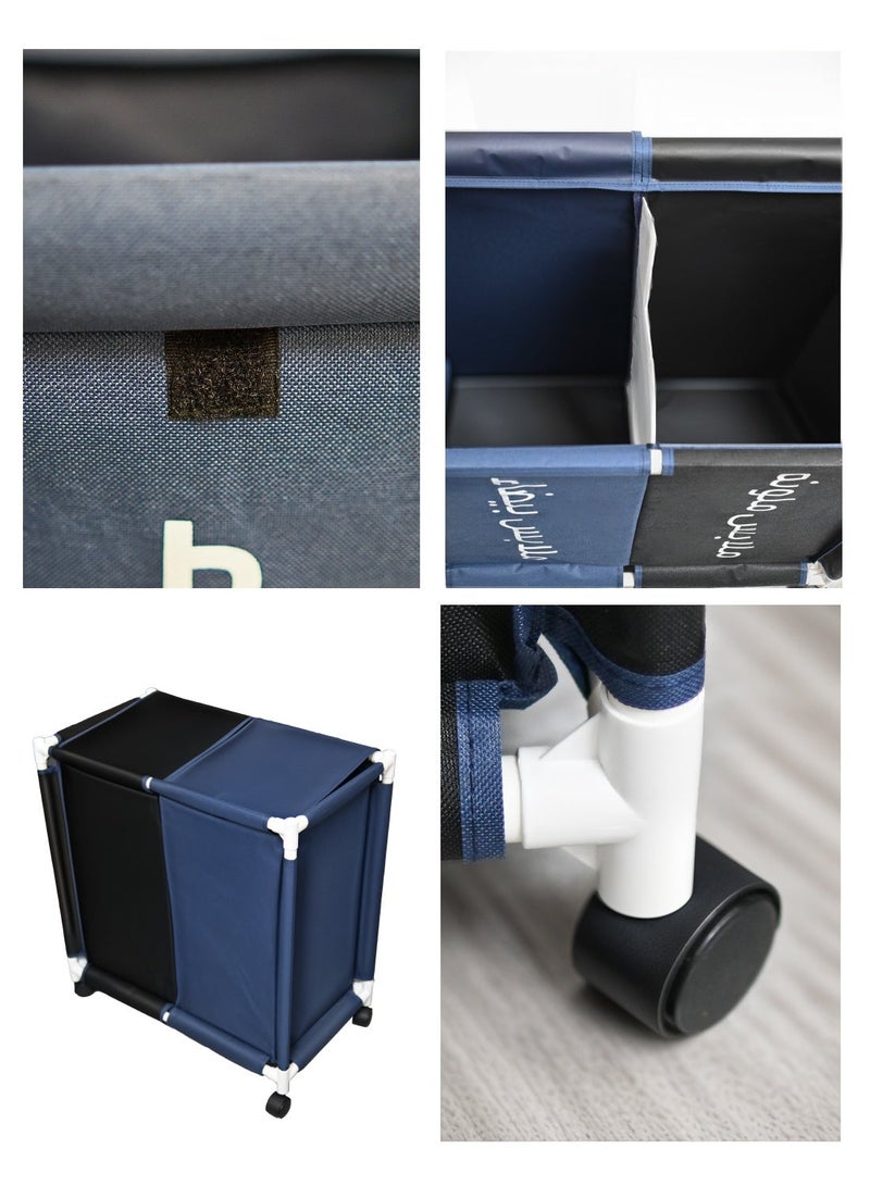 2-Section Laundry Basket with Wheels Blue&Black 61*35*65 cm - Image 5