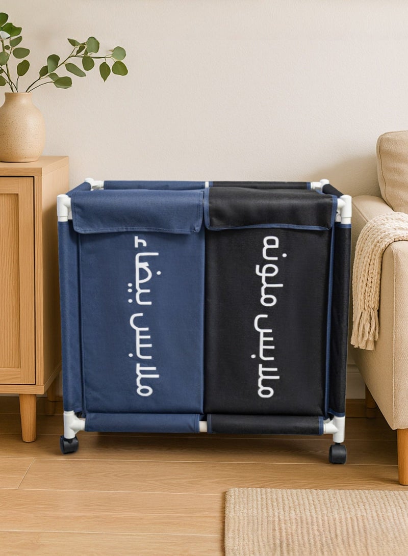 2-Section Laundry Basket with Wheels Blue&Black 61*35*65 cm - Image 3