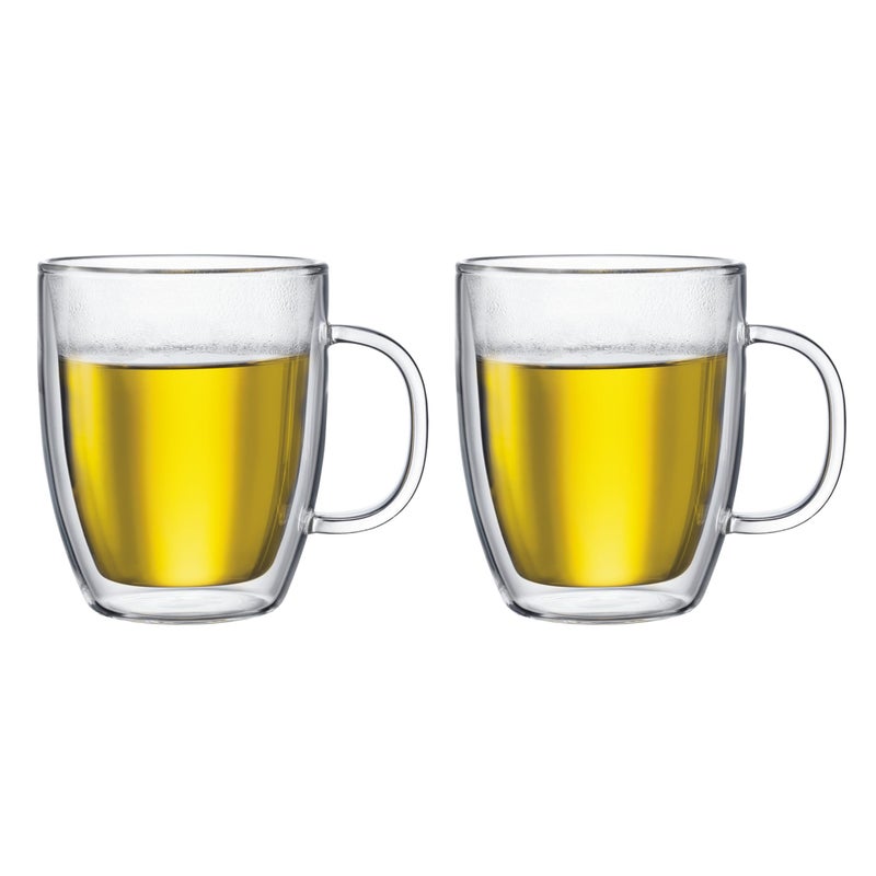 Bodum 15oz Bistro Double Wall Insulated Mug, High-Heat Borosilicate Glass, Set of 2, Clear - Image 1