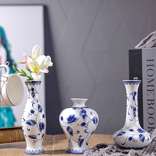 LoveCat Chinese Ceramic Vase Set - Small Blue and White Porcelain Vases, Fambe Glaze Porcelain Vases Set of 3, Classic Ceramic Flower Vases for Home Table,Bookshelf, Cupboard Décor - Image 2