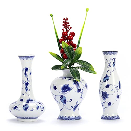 LoveCat Chinese Ceramic Vase Set - Small Blue and White Porcelain Vases, Fambe Glaze Porcelain Vases Set of 3, Classic Ceramic Flower Vases for Home Table,Bookshelf, Cupboard Décor - Image 1