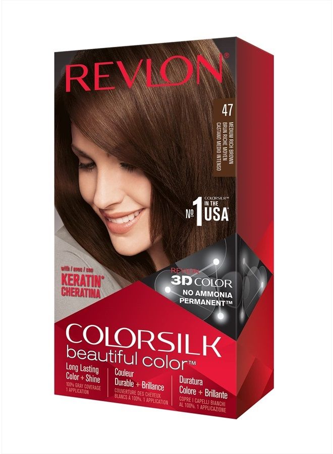 Revlon صبغة شعر دائمة من ريفلون، صبغة شعر دائمة، كولور سيلك بتغطية 100% للشعر الرمادي، خالية من الأمونيا، كيراتين وأحماض أمينية، 47 بني غني متوسط، 4.4 أونصة (عبوة من قطعة واحدة) - Image 1