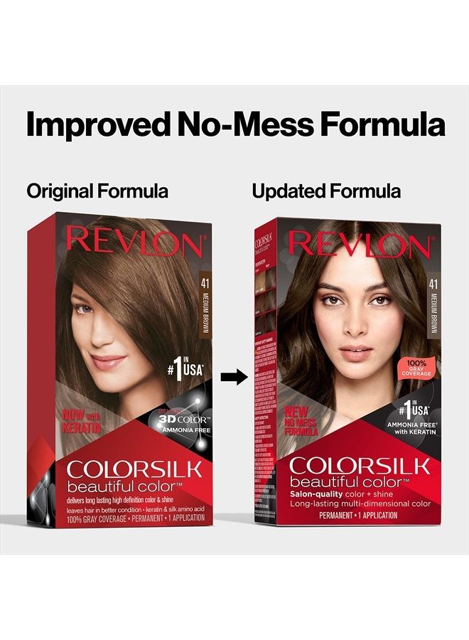 Revlon صبغة شعر دائمة من ريفلون، صبغة شعر دائمة، كولور سيلك بتغطية 100% للشعر الرمادي، خالية من الأمونيا، كيراتين وأحماض أمينية، 47 بني غني متوسط، 4.4 أونصة (عبوة من قطعة واحدة) - Image 3