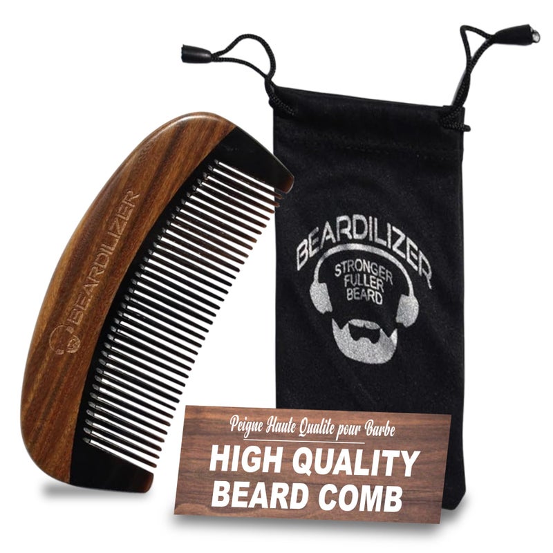 Beardilizer Premium Beard Comb for Men 100 Natural Black Ox Buffalo Horn Sandalwood Handle with Carrying Pouch Professional AntiStatic Fine and Coarse Teeth