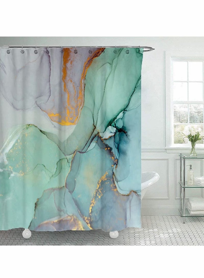 Excefore ستارة حمام، مجموعة ديكور الحمام 180 سم، ستائر دش رخامية ملونة خضراء مع 12 خطافا طباعة جاد بألوان مائية رسومات تجريدية  - Image 1