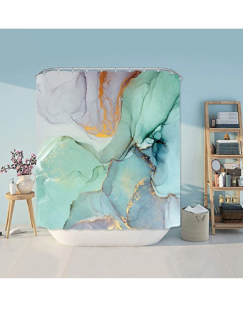 Excefore ستارة حمام، مجموعة ديكور الحمام 180 سم، ستائر دش رخامية ملونة خضراء مع 12 خطافا طباعة جاد بألوان مائية رسومات تجريدية  - Image 2