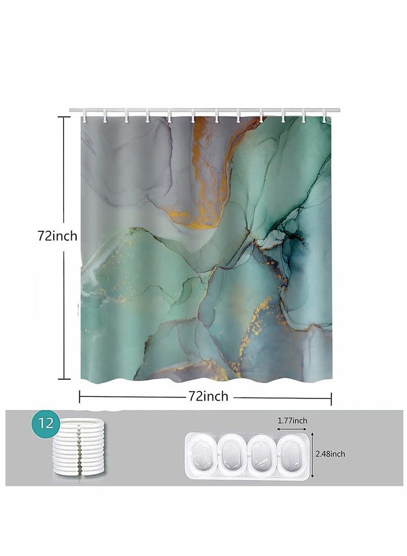 Excefore ستارة حمام، مجموعة ديكور الحمام 180 سم، ستائر دش رخامية ملونة خضراء مع 12 خطافا طباعة جاد بألوان مائية رسومات تجريدية  - Image 5