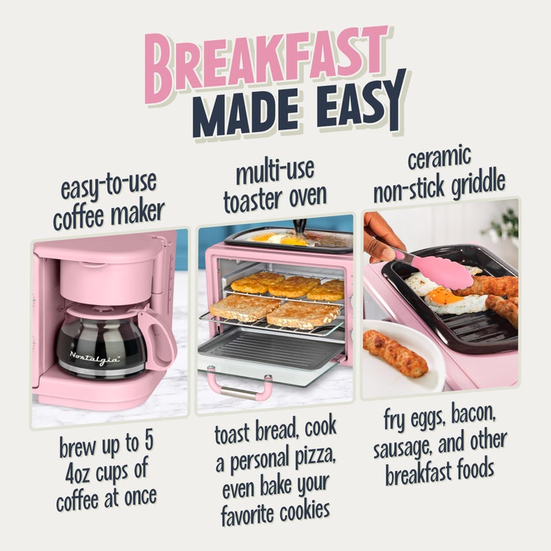 Nostalgia 3-in-1 Retro Breakfast Station - Includes 5 Cup Coffee Maker, Non-Stick Ceramic Griddle, and 4-Slice Toaster Oven - Built-In Timer, Reusable Coffee Filter, Space-Saving Design - Pink - Image 3