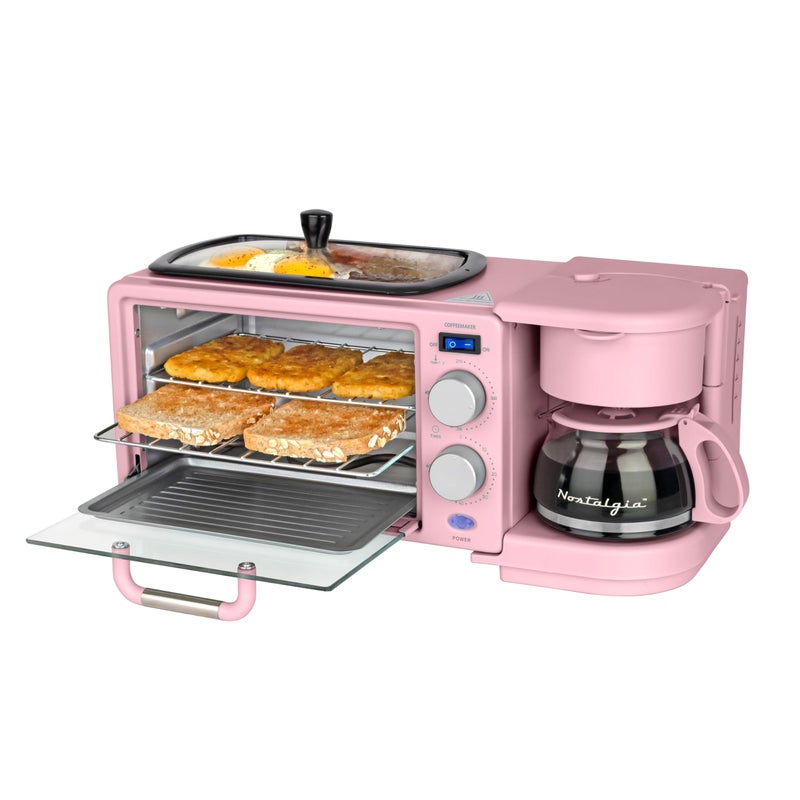 Nostalgia 3-in-1 Retro Breakfast Station - Includes 5 Cup Coffee Maker, Non-Stick Ceramic Griddle, and 4-Slice Toaster Oven - Built-In Timer, Reusable Coffee Filter, Space-Saving Design - Pink - Image 1