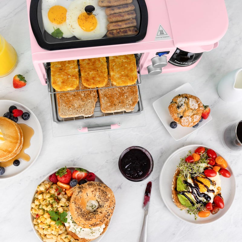 Nostalgia 3-in-1 Retro Breakfast Station - Includes 5 Cup Coffee Maker, Non-Stick Ceramic Griddle, and 4-Slice Toaster Oven - Built-In Timer, Reusable Coffee Filter, Space-Saving Design - Pink - Image 5