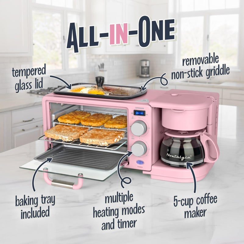 Nostalgia 3-in-1 Retro Breakfast Station - Includes 5 Cup Coffee Maker, Non-Stick Ceramic Griddle, and 4-Slice Toaster Oven - Built-In Timer, Reusable Coffee Filter, Space-Saving Design - Pink - Image 4