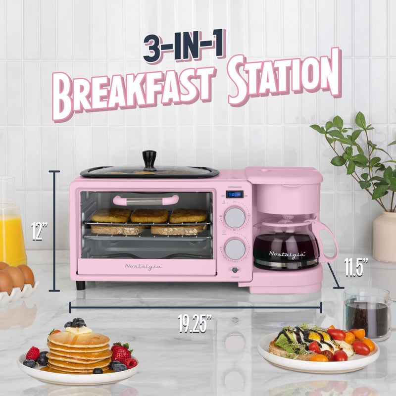 Nostalgia 3-in-1 Retro Breakfast Station - Includes 5 Cup Coffee Maker, Non-Stick Ceramic Griddle, and 4-Slice Toaster Oven - Built-In Timer, Reusable Coffee Filter, Space-Saving Design - Pink - Image 2