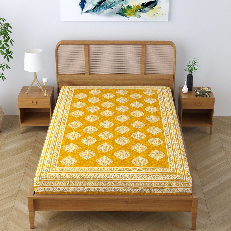 SheetKart Folk Floral,Cotton Jaipuri Printed Bedsheet for Single Bed, Traditional Ethnic Bed Cover - Butter Yellow,144 TC - Image 4