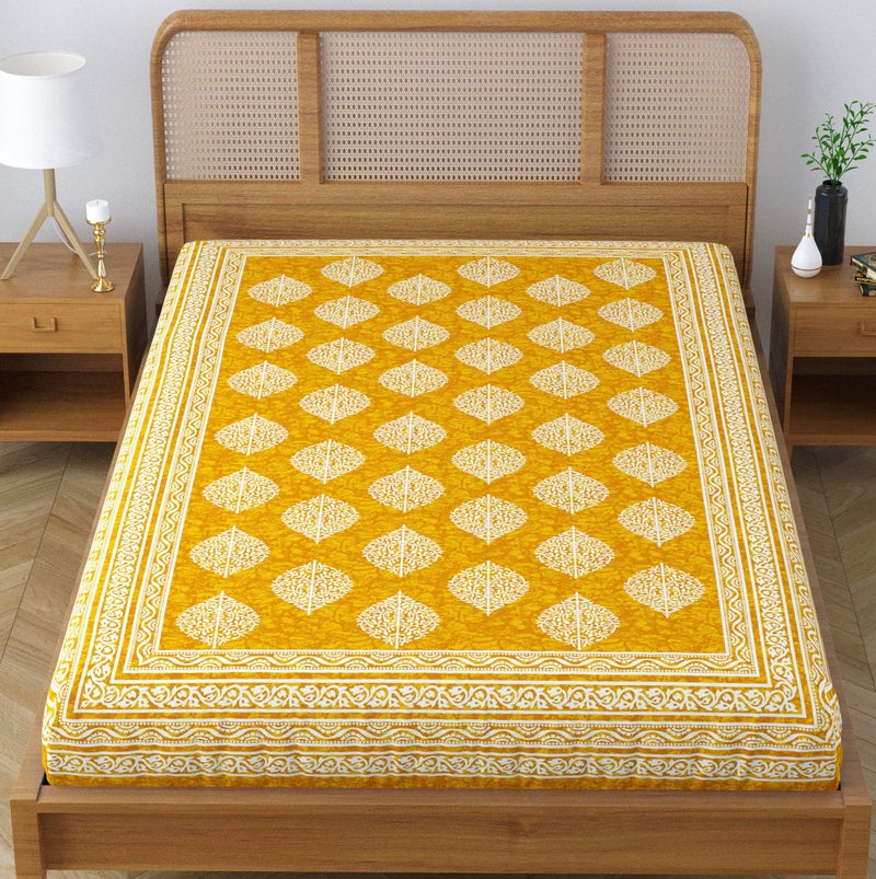SheetKart Folk Floral,Cotton Jaipuri Printed Bedsheet for Single Bed, Traditional Ethnic Bed Cover - Butter Yellow,144 TC - Image 2