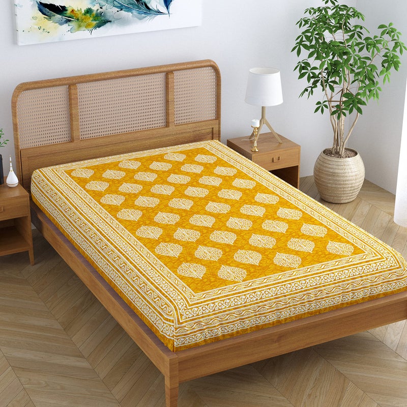 SheetKart Folk Floral,Cotton Jaipuri Printed Bedsheet for Single Bed, Traditional Ethnic Bed Cover - Butter Yellow,144 TC - Image 3