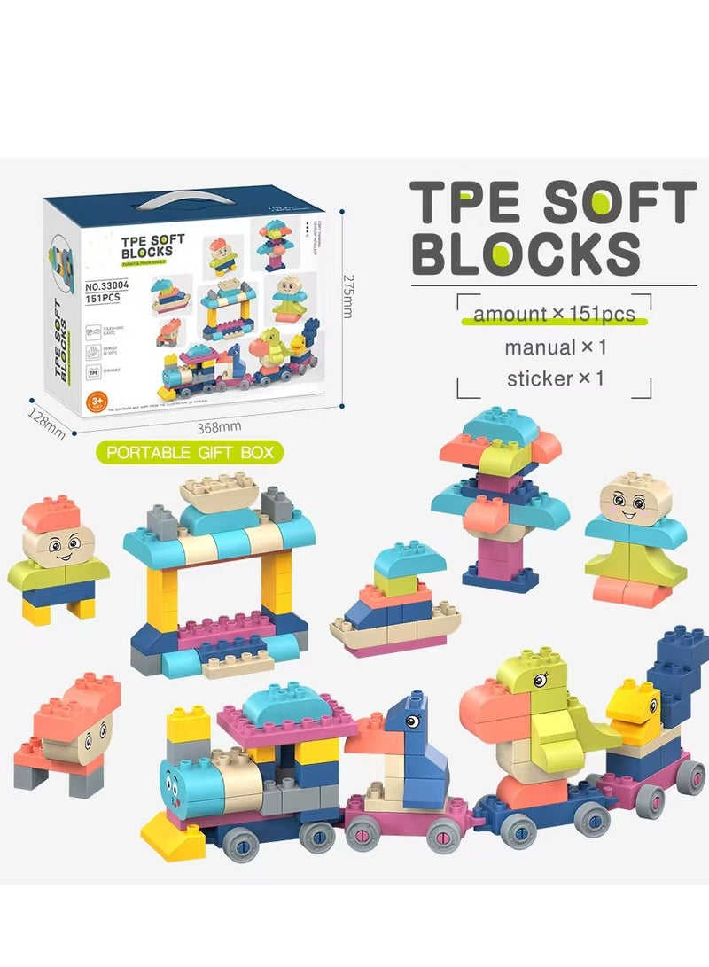 TPE Soft Blocks Building Set, 151 Pieces, Train and Character Series, Ages 3+, Portable Gift Box - Image 1