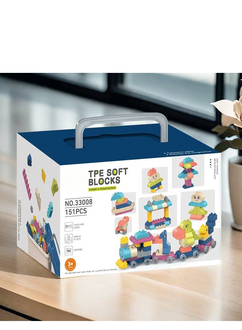 TPE Soft Blocks Building Set, 151 Pieces, Train and Character Series, Ages 3+, Portable Gift Box - Image 2