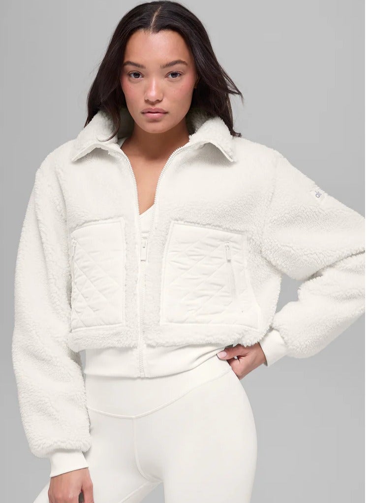 Alo Yoga Women's Fashion Faux Shearling Shaggy Full Zip Coats Warm Winter Patchwork Jackets with Pocket - Image 2