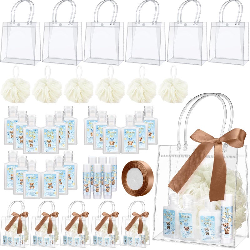 Demissle 6 Sets Baby Shower Game Prizes for Winners Baby Shower Favors Gifts Include Lip Balms Hand Creams Body Lotions Bath Loofah Sponges Gift Bags (Blue Bear) - Image 1