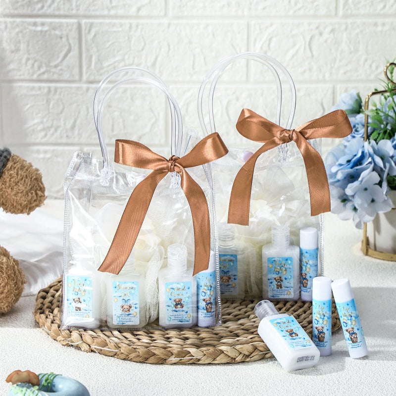 Demissle 6 Sets Baby Shower Game Prizes for Winners Baby Shower Favors Gifts Include Lip Balms Hand Creams Body Lotions Bath Loofah Sponges Gift Bags (Blue Bear) - Image 4