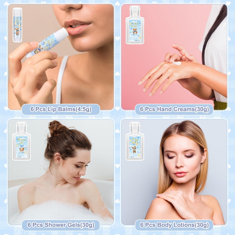 Demissle 6 Sets Baby Shower Game Prizes for Winners Baby Shower Favors Gifts Include Lip Balms Hand Creams Body Lotions Bath Loofah Sponges Gift Bags (Blue Bear) - Image 2