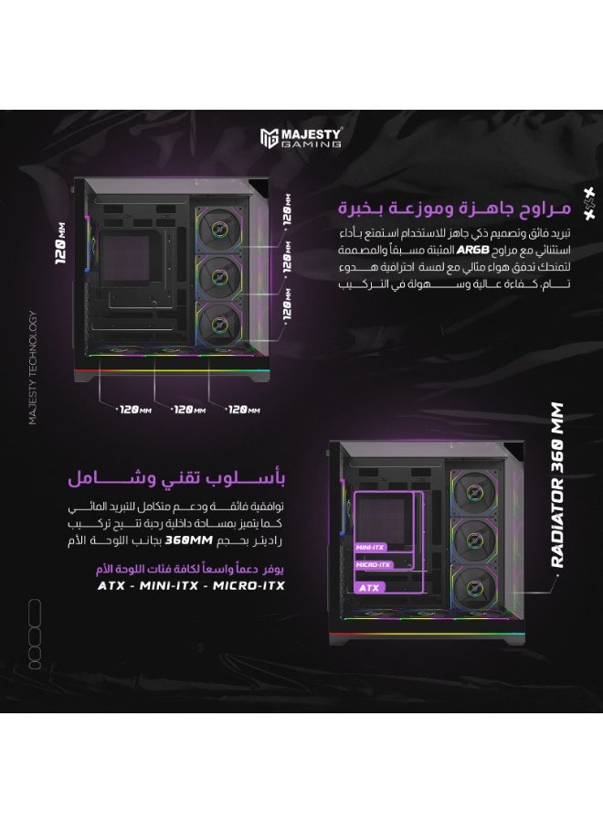 ماجيستي صندوق كمبيوتر ماجيستي ميد تاور إكس سبيس بلس، مزوّد بـ7 مراوح ARGB إنفينيتي 120 ملم مثبتة مسبقًا ، دعم لوحات ATX، منفذ Type-C و2×USB 3.0، مع إضاءة RGB سفلية محيطية – أسود - Image 3