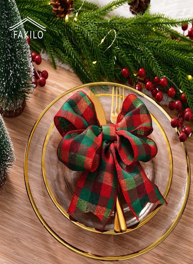 FAKILO Christmas Wired Ribbon 2-1/2 inch x 10 Yards Gold Red and Green Gingham Buffalo Plaid Tartan Christmas Ribbon for Tree Wreath Decor Gift Wrapping Topper Bow Making - Image 3