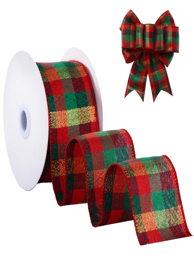FAKILO Christmas Wired Ribbon 2-1/2 inch x 10 Yards Gold Red and Green Gingham Buffalo Plaid Tartan Christmas Ribbon for Tree Wreath Decor Gift Wrapping Topper Bow Making - Image 1