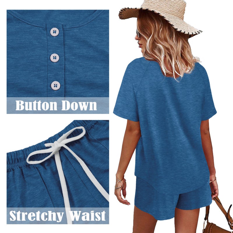 WIHOLL Lounge Sets for Women Shorts Short Sleeve Sweatshirts Blue M - Image 4