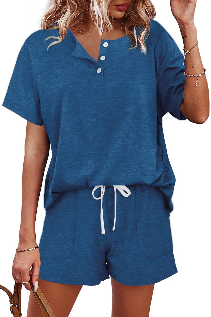 WIHOLL Lounge Sets for Women Shorts Short Sleeve Sweatshirts Blue M - Image 1
