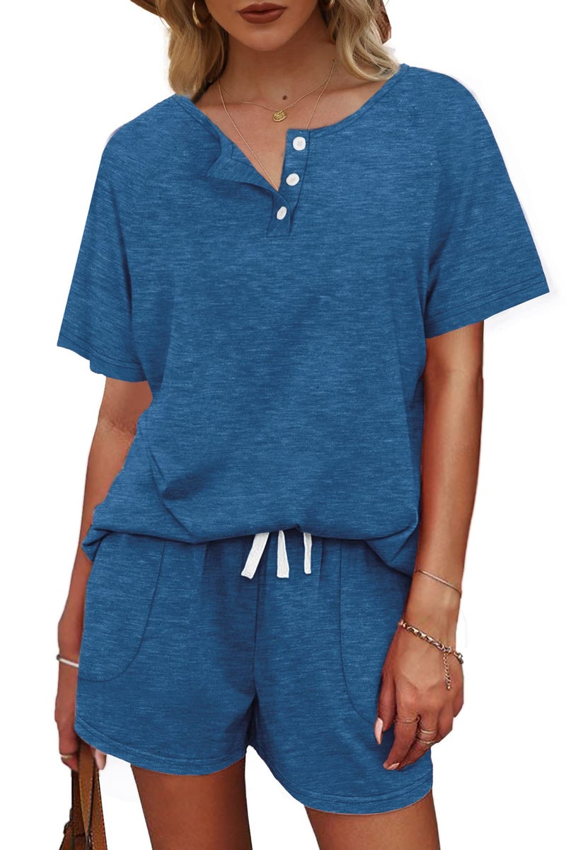 WIHOLL Lounge Sets for Women Shorts Short Sleeve Sweatshirts Blue M - Image 3