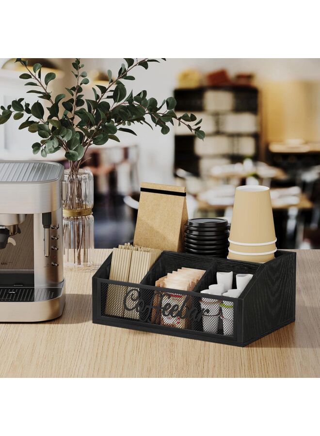 Countertop Organizer, Wooden Bar Storage Rack with Dividers for Coffee Pods, Syrups, Cups, Stirrers Tea Accessories (Black) - Image 5