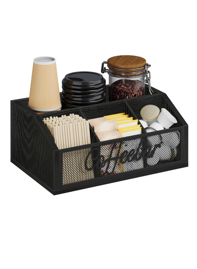 Countertop Organizer, Wooden Bar Storage Rack with Dividers for Coffee Pods, Syrups, Cups, Stirrers Tea Accessories (Black) - Image 1