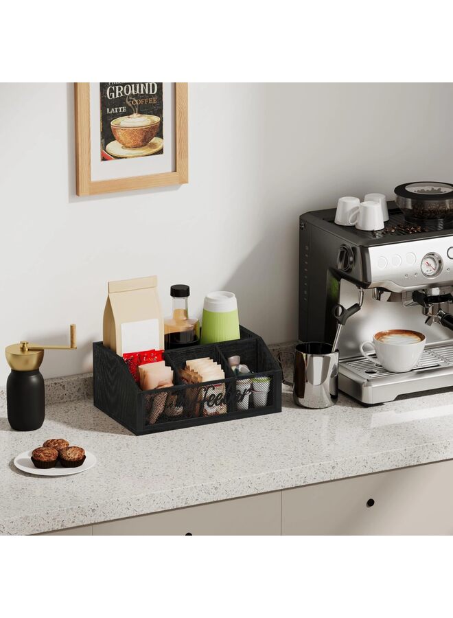 Countertop Organizer, Wooden Bar Storage Rack with Dividers for Coffee Pods, Syrups, Cups, Stirrers Tea Accessories (Black) - Image 4