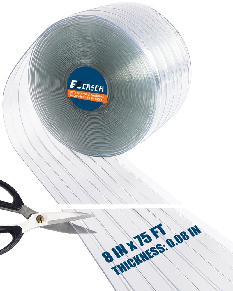 Ezcasch Vinyl Strip Curtain Roll PVC Replacement Strip Door Clear Plastic Strips Freezer Curtains for Dog House Door Flap, Winter, Freezer, Commercial, Freezers, Warehouse Doors,8 Inches x 75 feet - Image 1