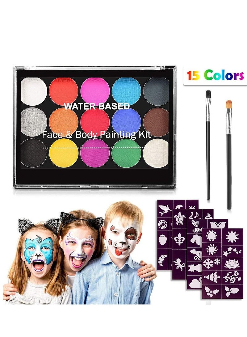 SYOSI Face Paint Kit for Kids, Professional Nontoxic Face Paint 15 Colors Kit with 2 Brushes, Body Makeup Paint Hypoallergenic Water Based Paints for Party Cosplay - Image 1