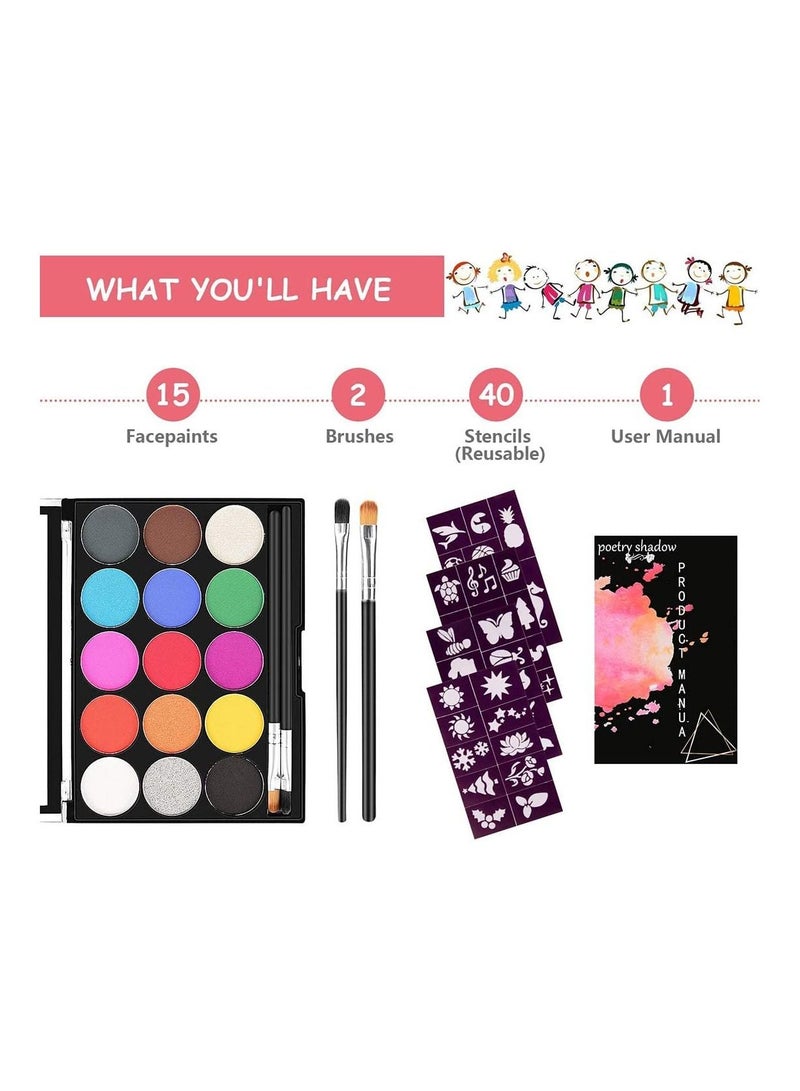 SYOSI Face Paint Kit for Kids, Professional Nontoxic Face Paint 15 Colors Kit with 2 Brushes, Body Makeup Paint Hypoallergenic Water Based Paints for Party Cosplay - Image 3