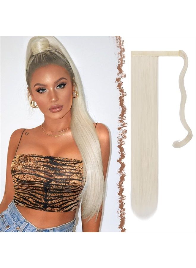 FESHFEN Straight Long Ponytail Extensions 24 Inch Wrap Around Ash Platinum Blonde Synthetic Ponytails Hair Piece Pony Tail Hair Extensions Hairpieces for Women Girls - Image 1