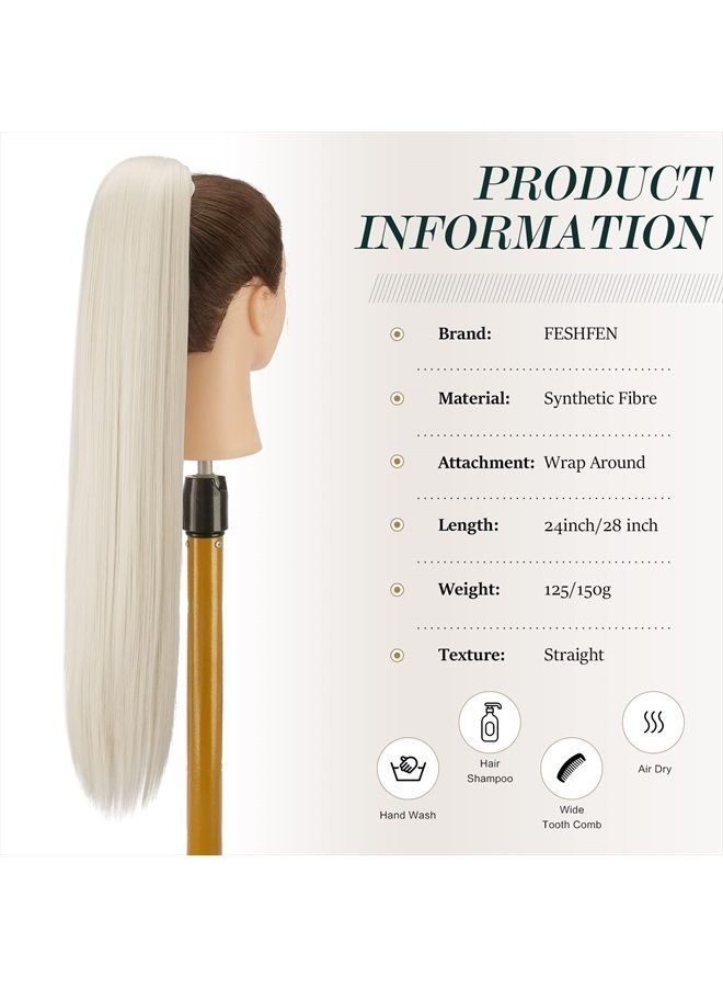 FESHFEN Straight Long Ponytail Extensions 24 Inch Wrap Around Ash Platinum Blonde Synthetic Ponytails Hair Piece Pony Tail Hair Extensions Hairpieces for Women Girls - Image 4