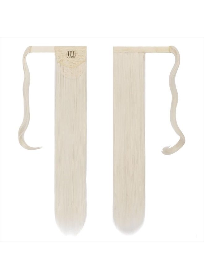 FESHFEN Straight Long Ponytail Extensions 24 Inch Wrap Around Ash Platinum Blonde Synthetic Ponytails Hair Piece Pony Tail Hair Extensions Hairpieces for Women Girls - Image 2